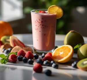 Strawberry smoothie on top of a table with fruits lying on table for decorative pieces