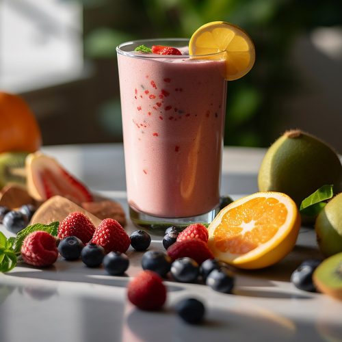 Strawberry smoothie on top of a table with fruits lying on table for decorative pieces